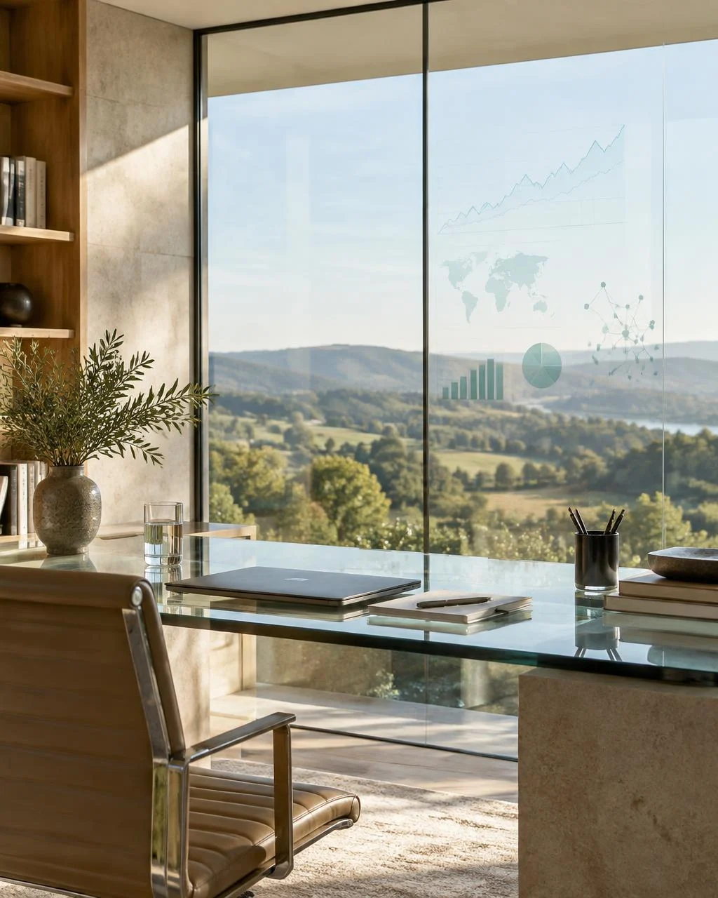 Lichtdurchfluteter Denkraum mit Blick in eine weite Landschaft und schwebenden Analysen auf einer Glaskonsole
